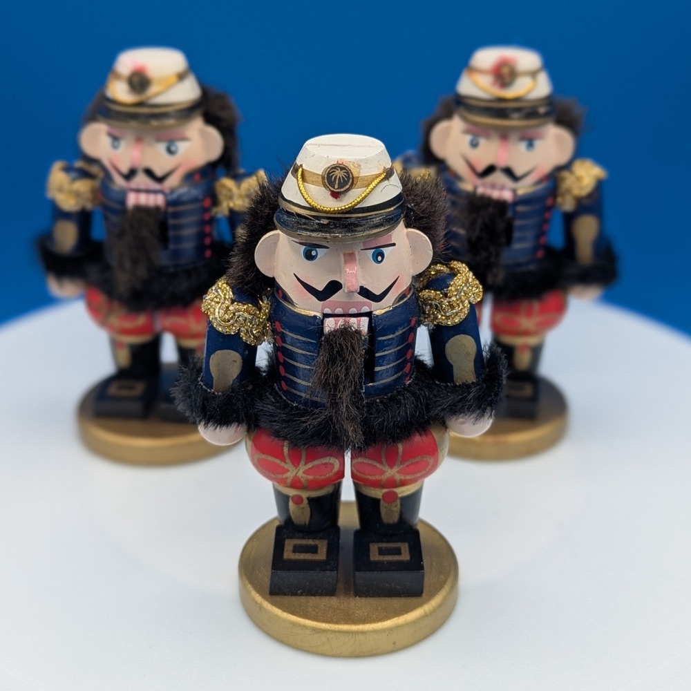Set of 3 Vintage Wooden Christmas Nutcracker Soldiers Blue Red Uniform 4 Inch
